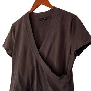 New York & Co Silk Blend Brown Faux Wrap Short Sleeve Top/Blouse, Size L